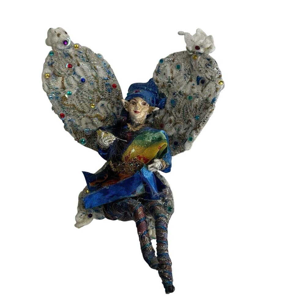 OOAK Handmade Fairy Art Doll Rainbow Beaded Wings Whimsical Pixie Fantasy Decor